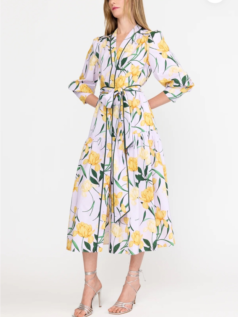 Tie-Waist Floral Midi Dress in Lilac and Yellow